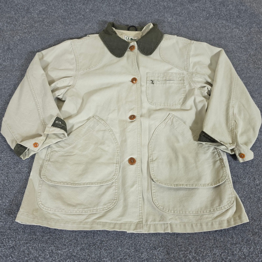 LL Bean Vintage Field Coat Khaki Tan Canvas Barn Jacket Corduroy Trim Mens Large